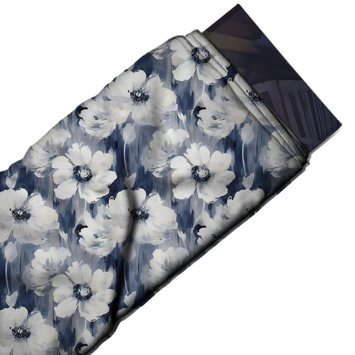 Indigo Blue & White Navy Centre Cosmos Printed Moss Crepe Fabric - flat fabric swatch, design Design No_3851, Clothwala