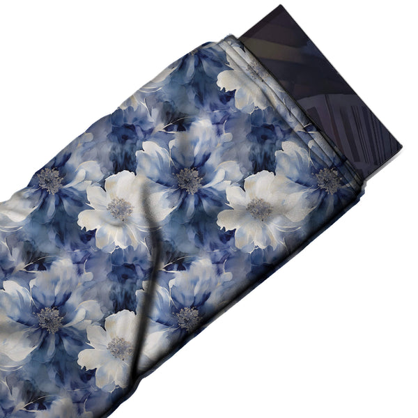 Indigo Blue & White & White Anemones Printed Moss Crepe Fabric