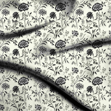 Ivory & Black Chrysanthemum Branch Toile Printed French Crepe Fabric