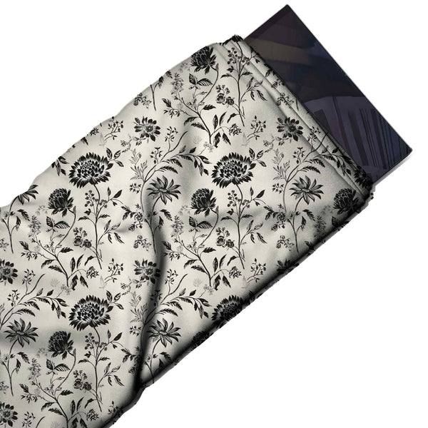 Ivory & Black Chrysanthemum Branch Toile Printed French Crepe Fabric