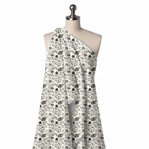 Ivory & Black Chrysanthemum Branch Toile Printed French Crepe Fabric