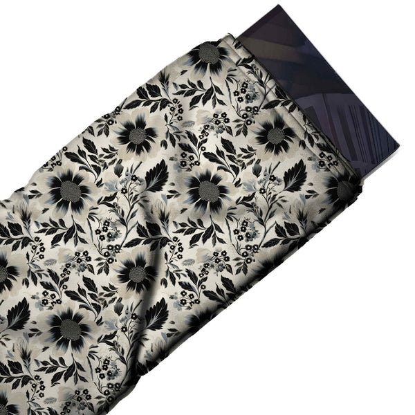 Ivory & Black Gerbera & Blossom Clusters Printed French Crepe Fabric