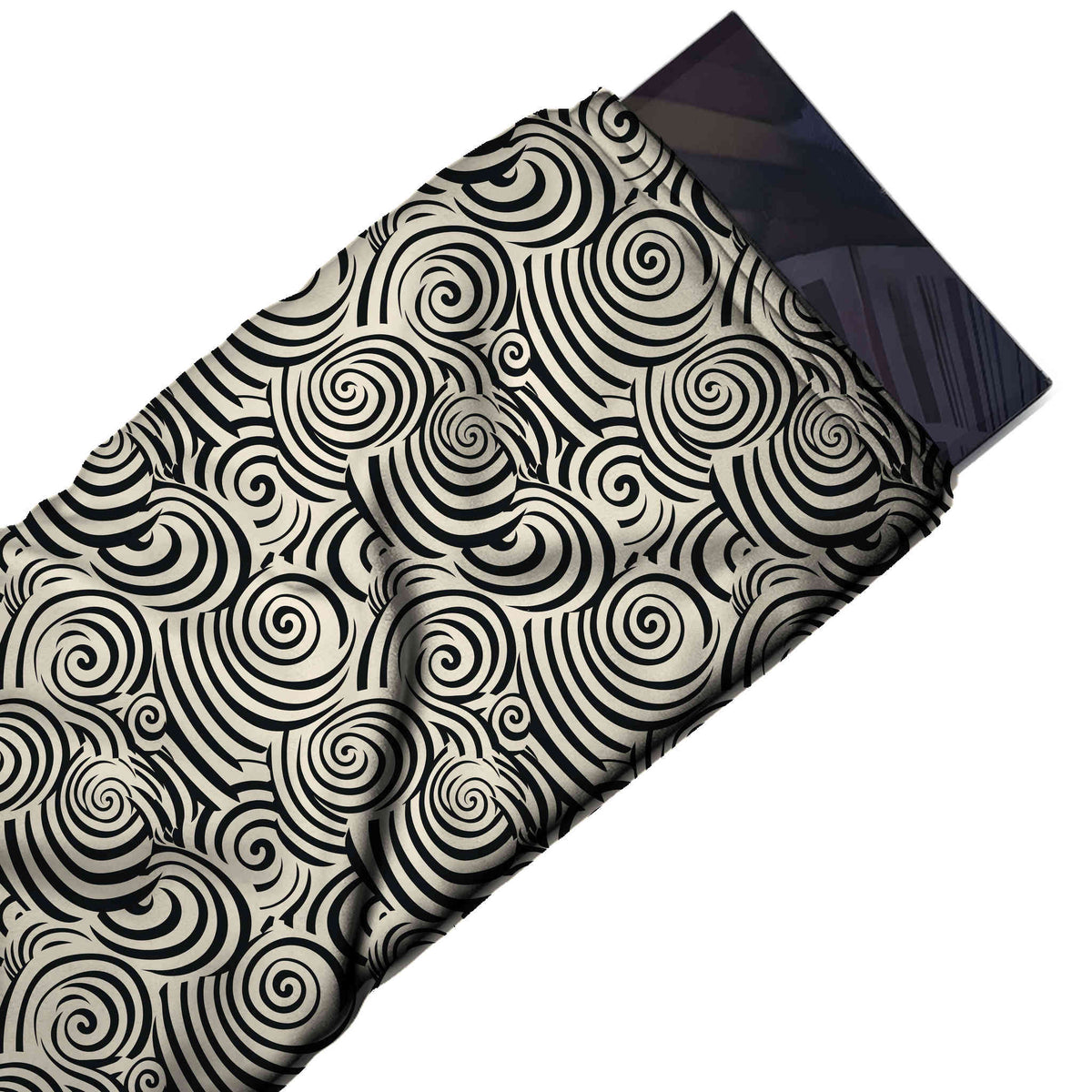 Flat fabric swatch: all-over two-colour layout of overlapping black spirals in mixed small, design 3704, Clothwala