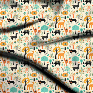 Ivory & Black Panther & Trees Printed Moss Crepe Fabric