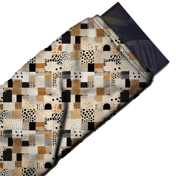 Ivory & Black Spotted Square Patchwork Printed Moss Crepe Fabric