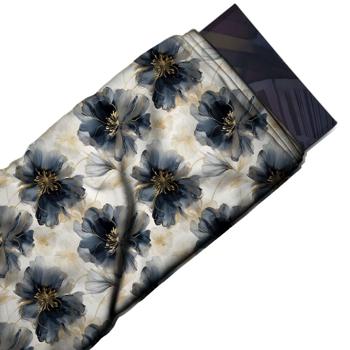 Ivory & Charcoal Navy Inky Charcoal Peonies Printed Moss Crepe Fabric - flat fabric swatch, design Design No_3836, Clothwala