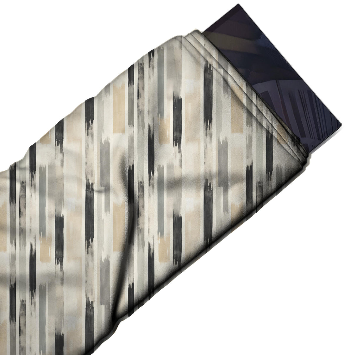 Flat fabric swatch: vertical stripe layout of narrow columns filled with soft-edged, design Design No_3987, Clothwala