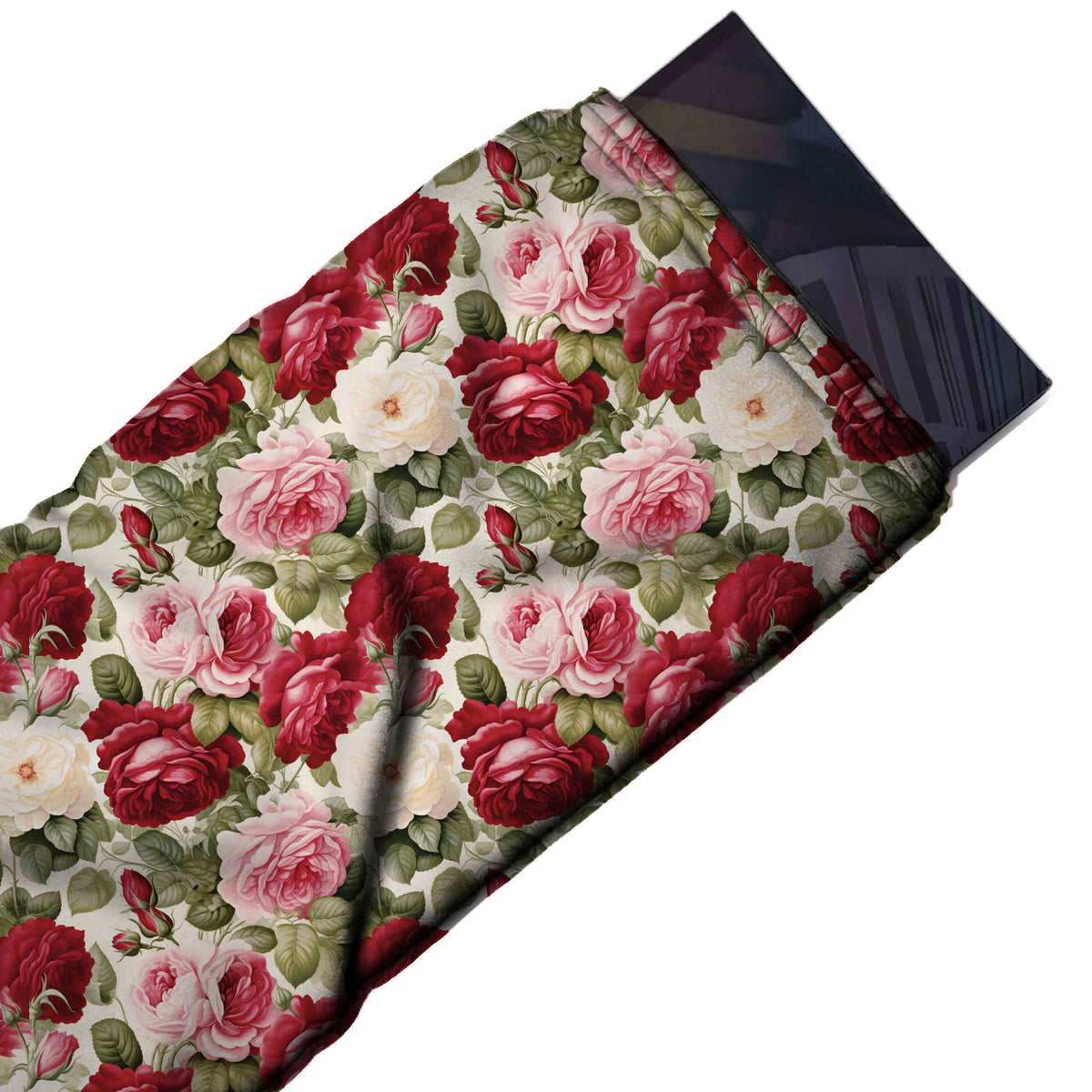 Flat fabric swatch: densely packed all-over floral of medium-scale shaded cabbage roses in deep red, design 3640, Clothwala