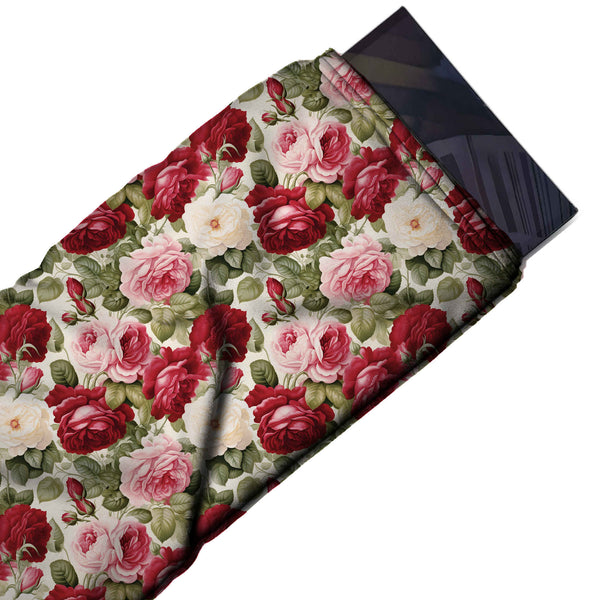 Ivory & Deep Red Cabbage Rose Bouquet Printed Armani Satin Fabric