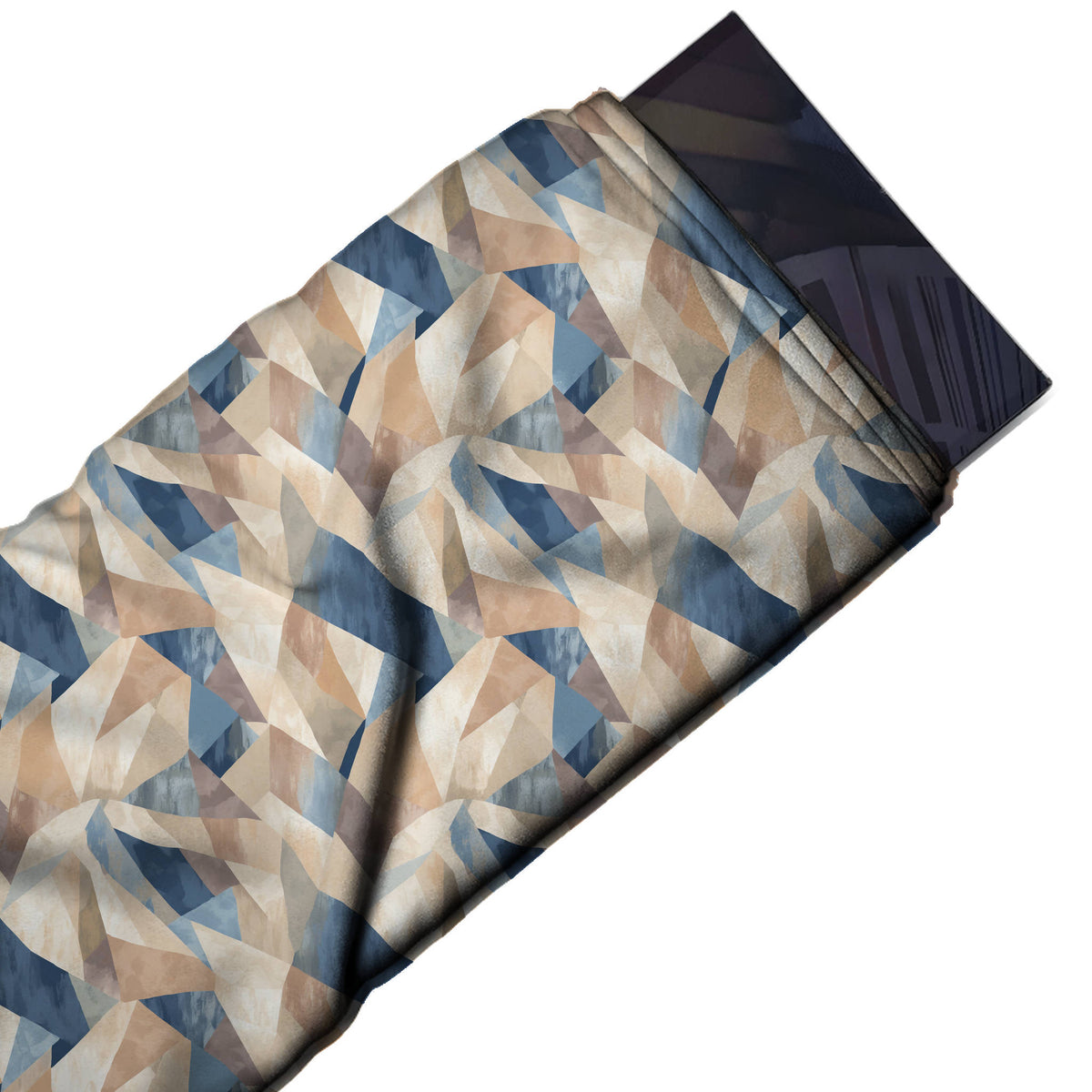 Ivory & Denim Blue Soft Washed Facets Printed Moss Crepe Fabric - flat fabric swatch, design Design No_3806, Clothwala