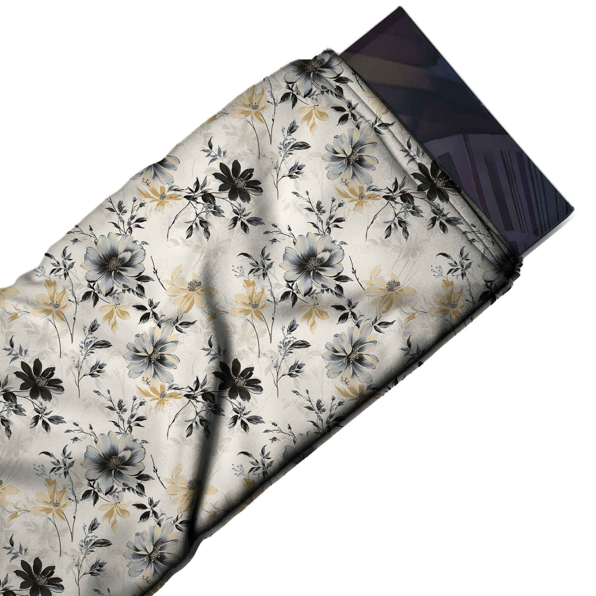 Flat fabric swatch: all-over tossed print of medium shaded grey open flowers and solid, design Design No_4148, Clothwala