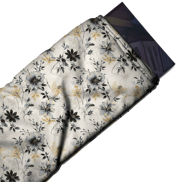 Ivory & Grey Cosmos Bouquet Printed French Crepe Fabric