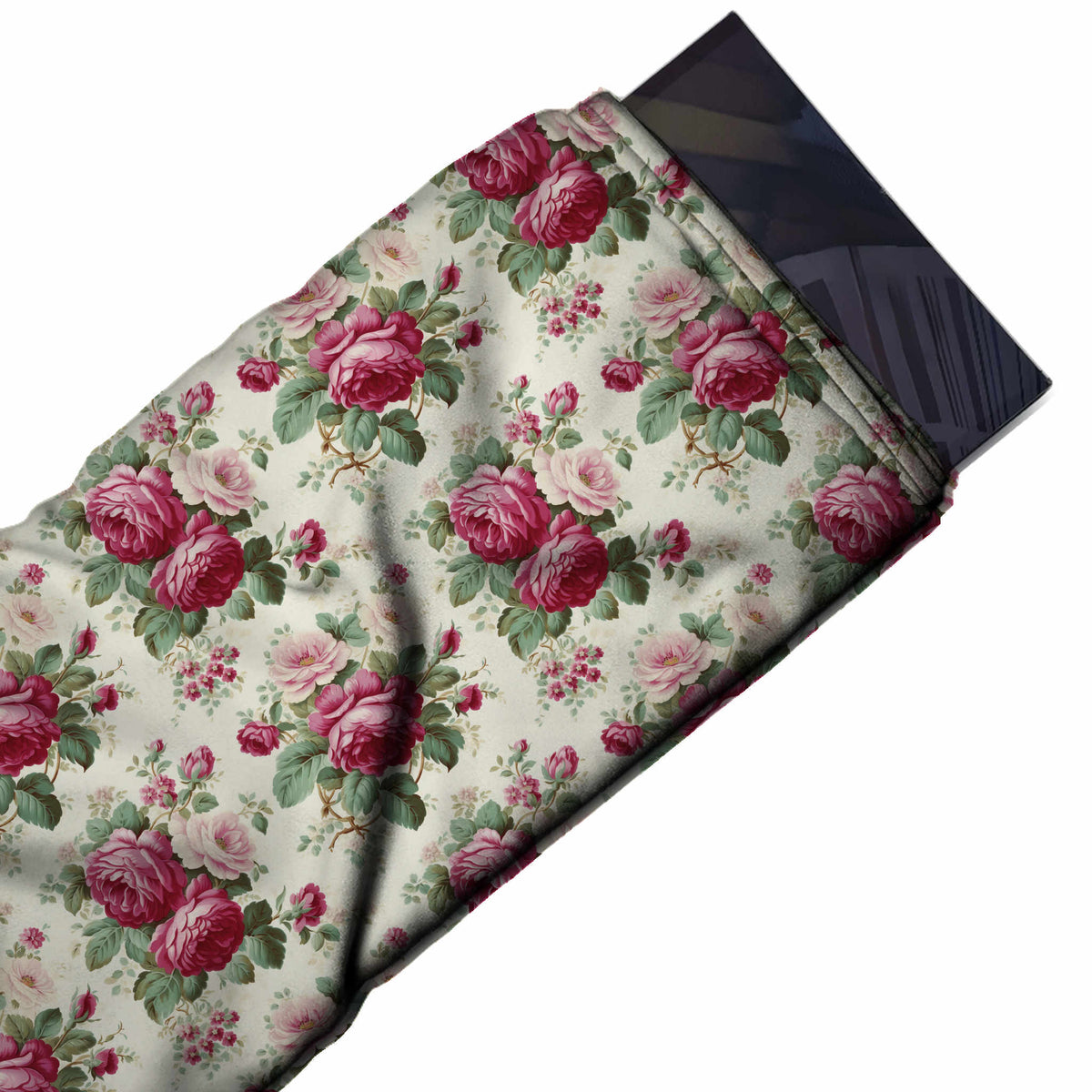 Flat fabric swatch: half-drop layout of posies with paired magenta pink and burgundy roses, design 3619, Clothwala