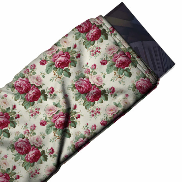 Ivory & Magenta Pink Rose Posy Printed Armani Satin Fabric