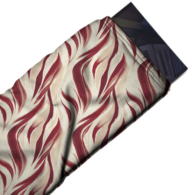 Flat fabric swatch: all-over print of flowing, flame-like curved swirls running vertically, design Design No_3931, Clothwala