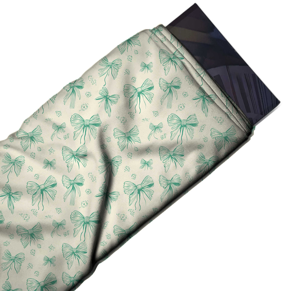 Flat fabric swatch: all-over layout of small to medium bows in single-colour mint green, design Design No_4449, Clothwala