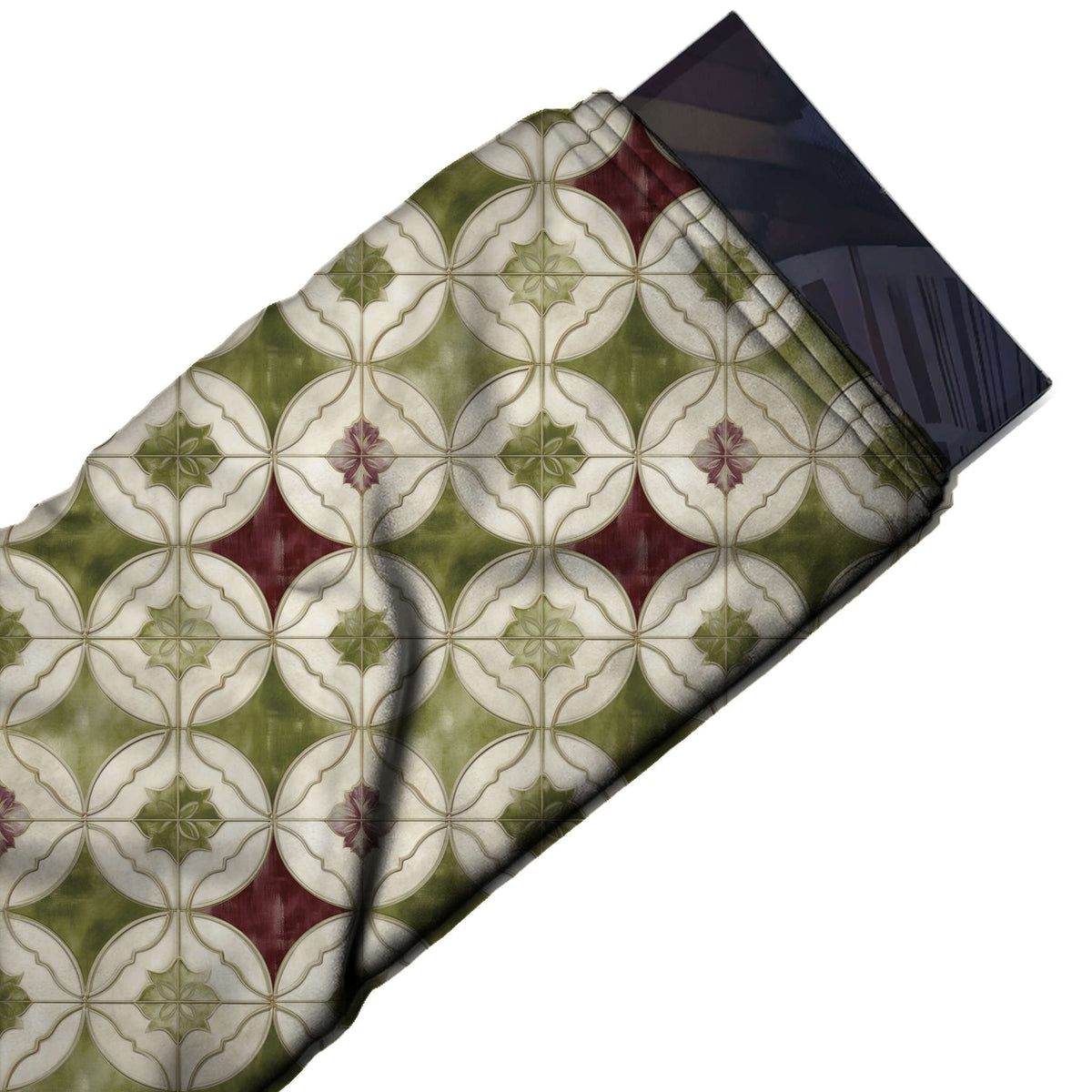 Flat fabric swatch: all-over tile repeat of medium interlocking ivory circles divided into, design Design No_4233, Clothwala