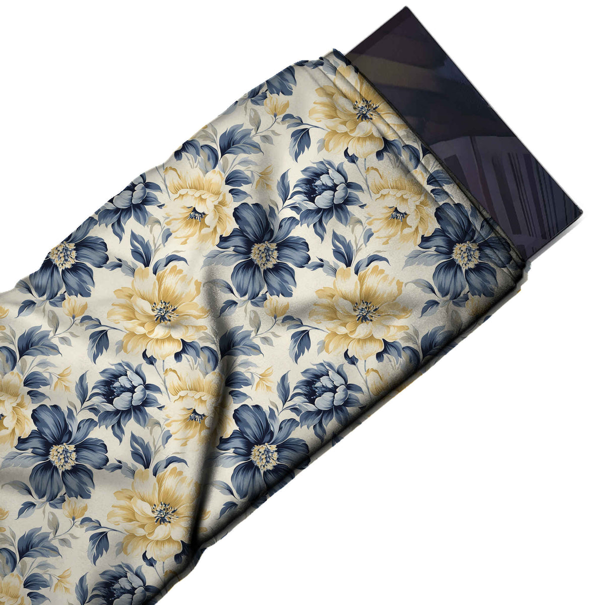 Ivory & Navy Blue Anemone & Yellow Peony Printed Moss Crepe Fabric - flat fabric swatch, design Design No_3776, Clothwala