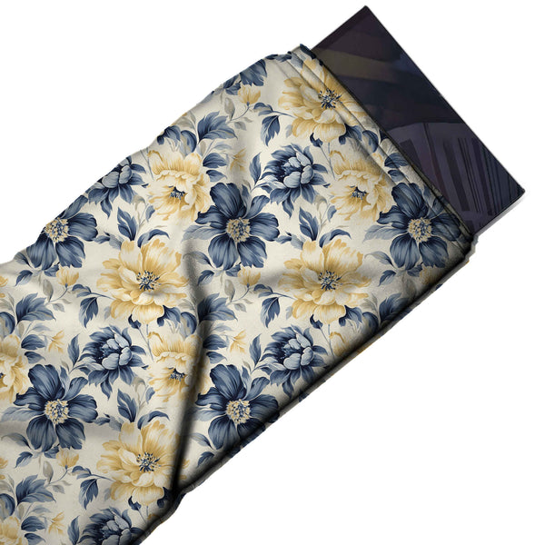 Ivory & Navy Blue Anemone & Yellow Peony Printed Moss Crepe Fabric