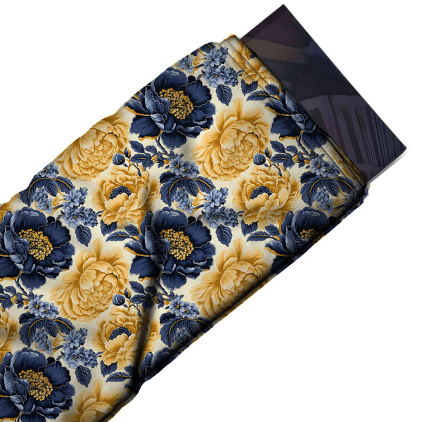 Ivory & Navy Blue Peony & Hydrangea Printed Moss Crepe Fabric