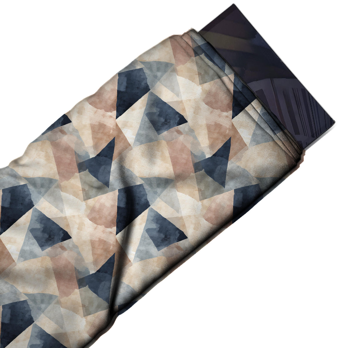 Ivory & Navy Watercolour Triangle Shards Printed Moss Crepe Fabric - flat fabric swatch, design Design No_3787, Clothwala