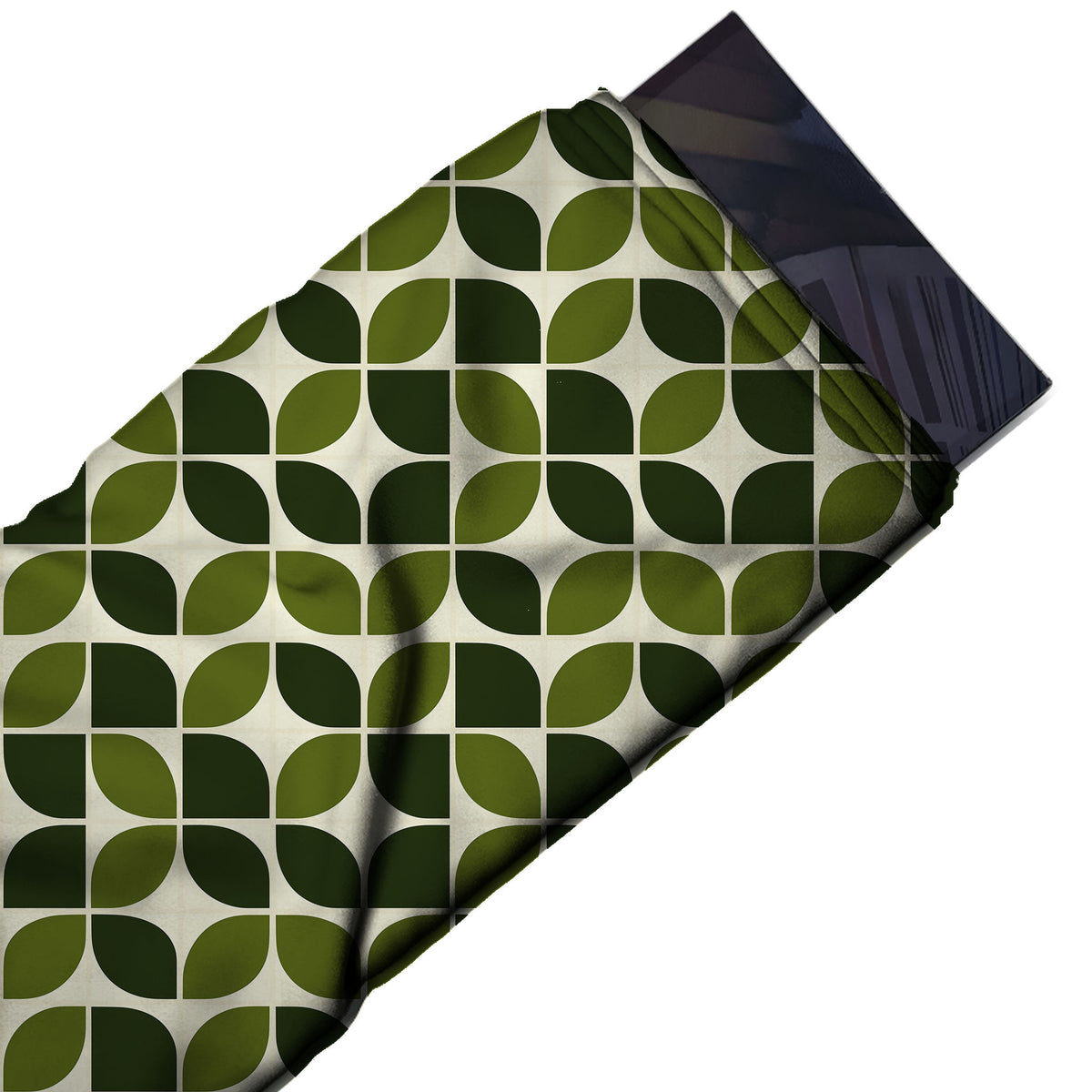 Flat fabric swatch: all-over grid of small rounded leaf-shaped tiles turned in different, design Design No_4192, Clothwala