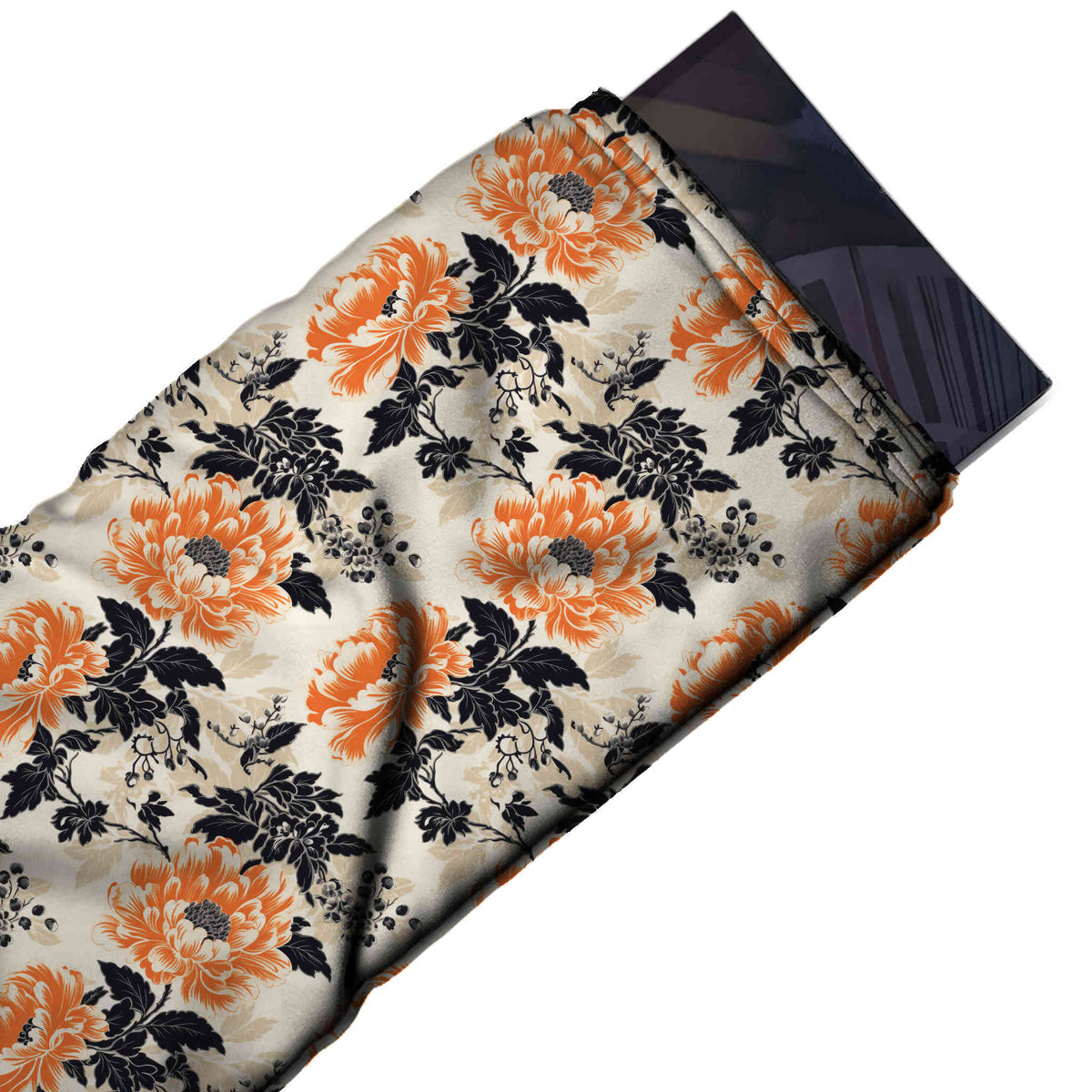 Flat fabric swatch: all-over layout of medium orange line-shaded peony blooms above, design Design No_4206, Clothwala