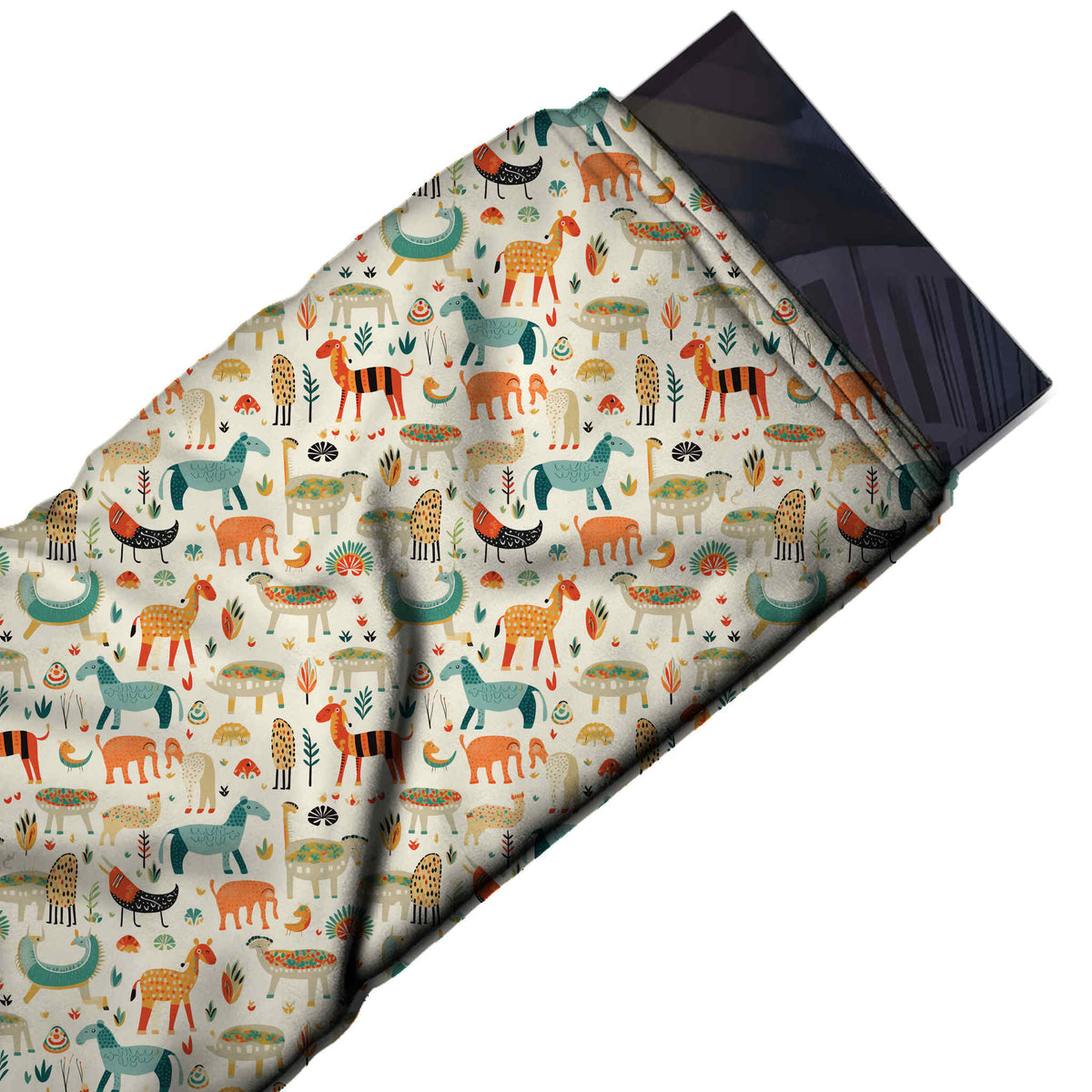 Ivory & Orange Teal Horse & Elephant Printed Moss Crepe Fabric - flat fabric swatch, design Design No_3873, Clothwala