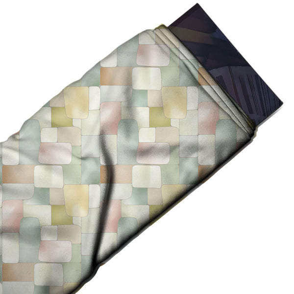 Ivory & Pale Mint Rounded Tile Patchwork Printed French Crepe Fabric