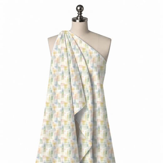 Ivory & Pale Sage Layered Wash Squares Printed French Crepe Fabric