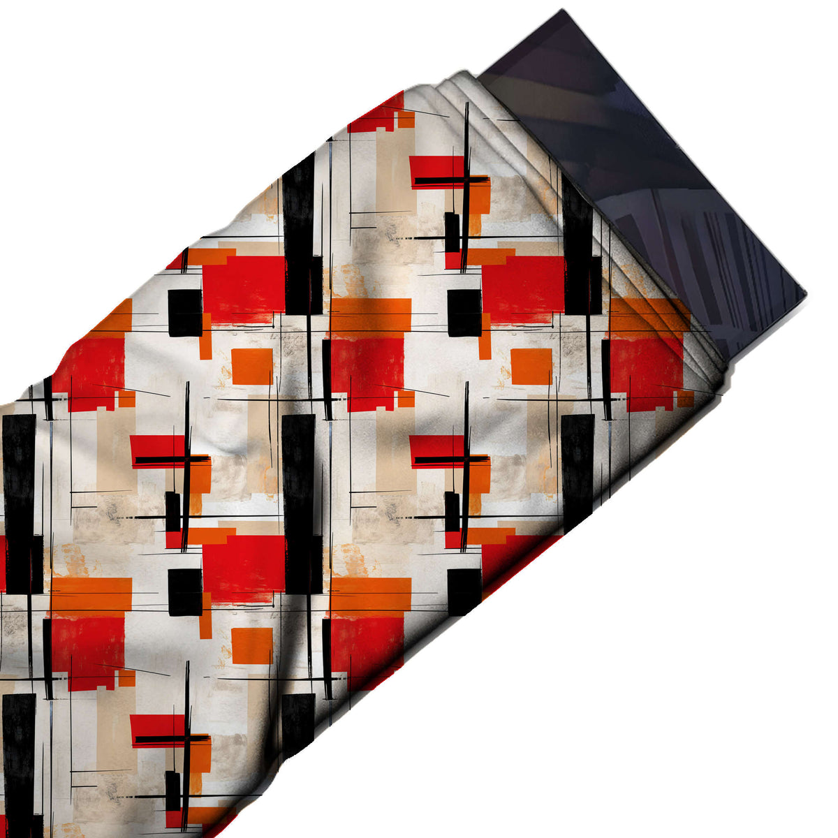 Flat fabric swatch: large-scale all-over colour-block layout of overlapping red and orange, design Design No_4053, Clothwala
