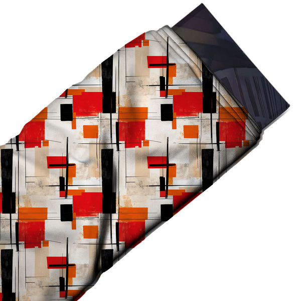 Ivory & Red & Orange Colour Blocks Printed Spandex Fabric
