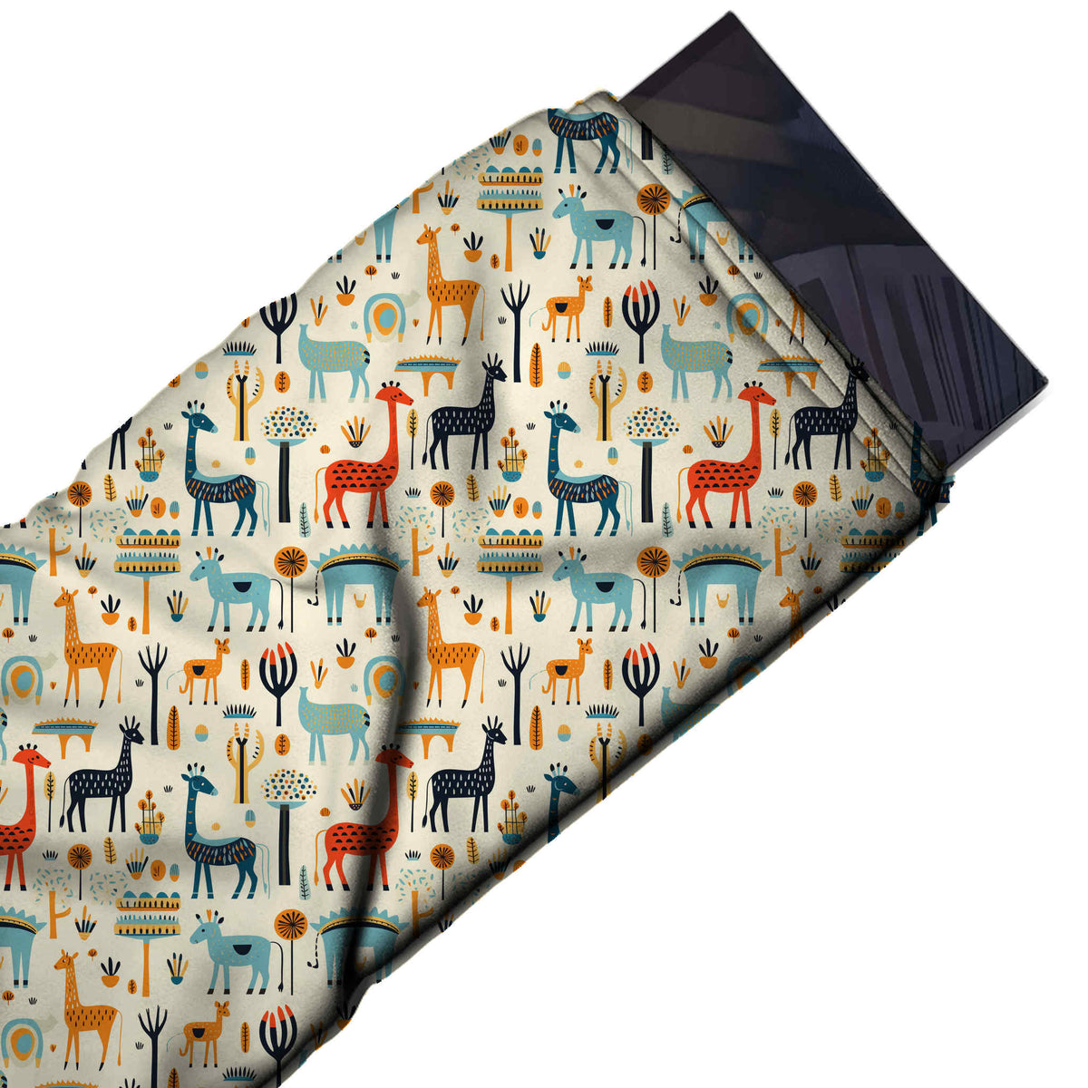 Ivory & Red Orange & Navy Giraffes Printed Moss Crepe Fabric - flat fabric swatch, design Design No_3869, Clothwala