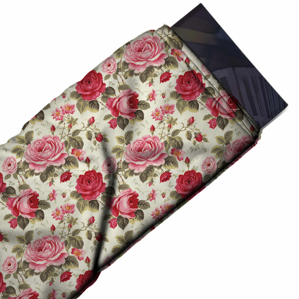 Flat fabric swatch: all-over layout of large rose pink and red roses on thorny stems with upright, design 3636, Clothwala