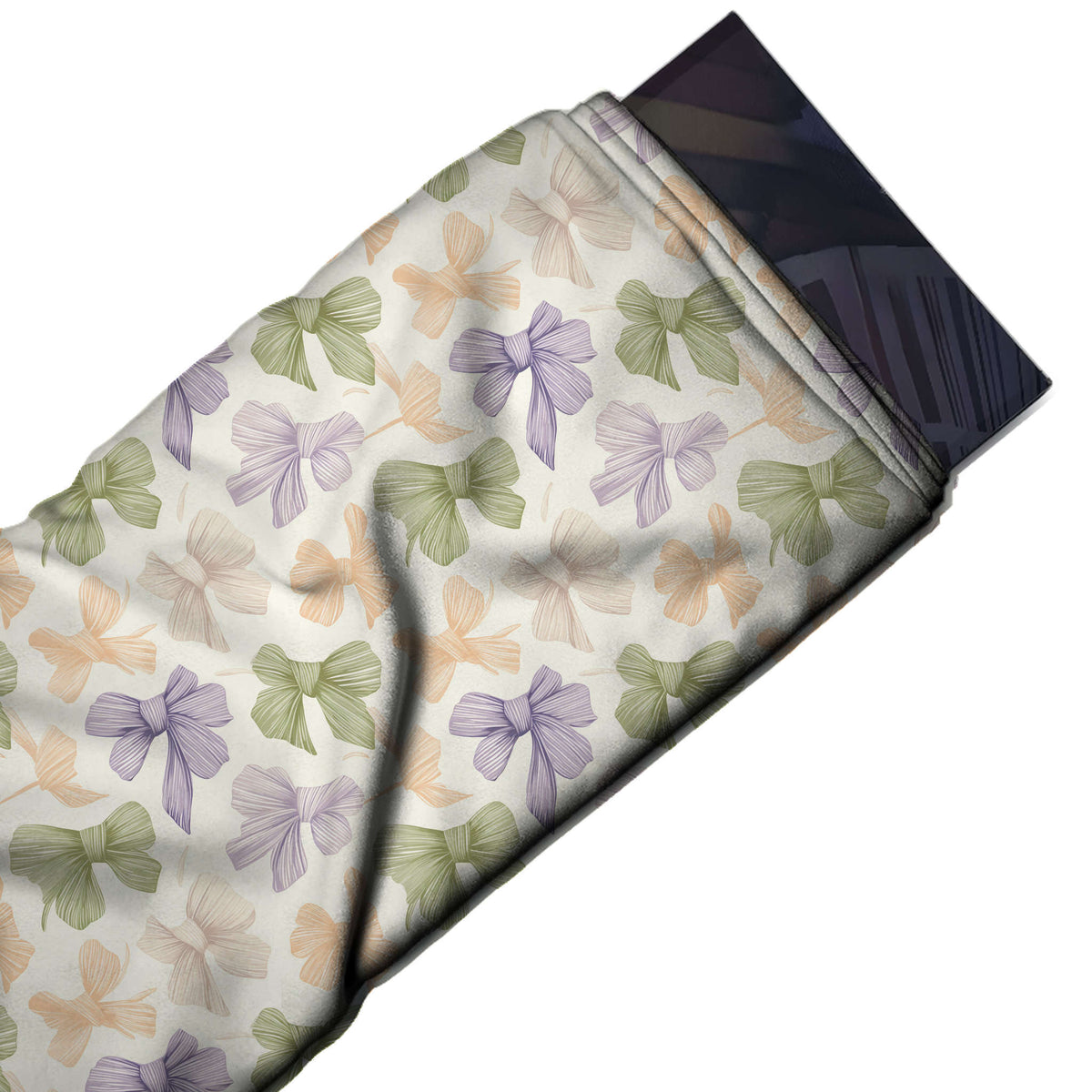 Flat fabric swatch: tossed all-over layout of medium bows drawn with fine parallel pleat, design Design No_4403, Clothwala