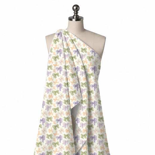 Ivory & Sage Green Pleated Line Bows Printed Pure Natural Crepe Fabric