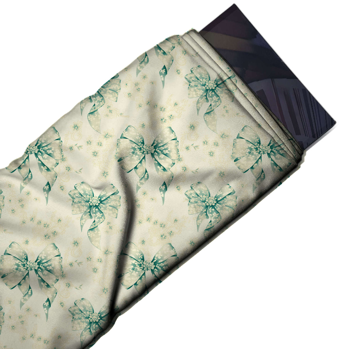 Flat fabric swatch: half-drop repeat of large watercolour-style sea green bows patterned, design Design No_4454, Clothwala