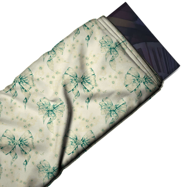 Ivory & Sea Green Sheer Blossom Dotted Bows Printed Pure Natural Crepe Fabric