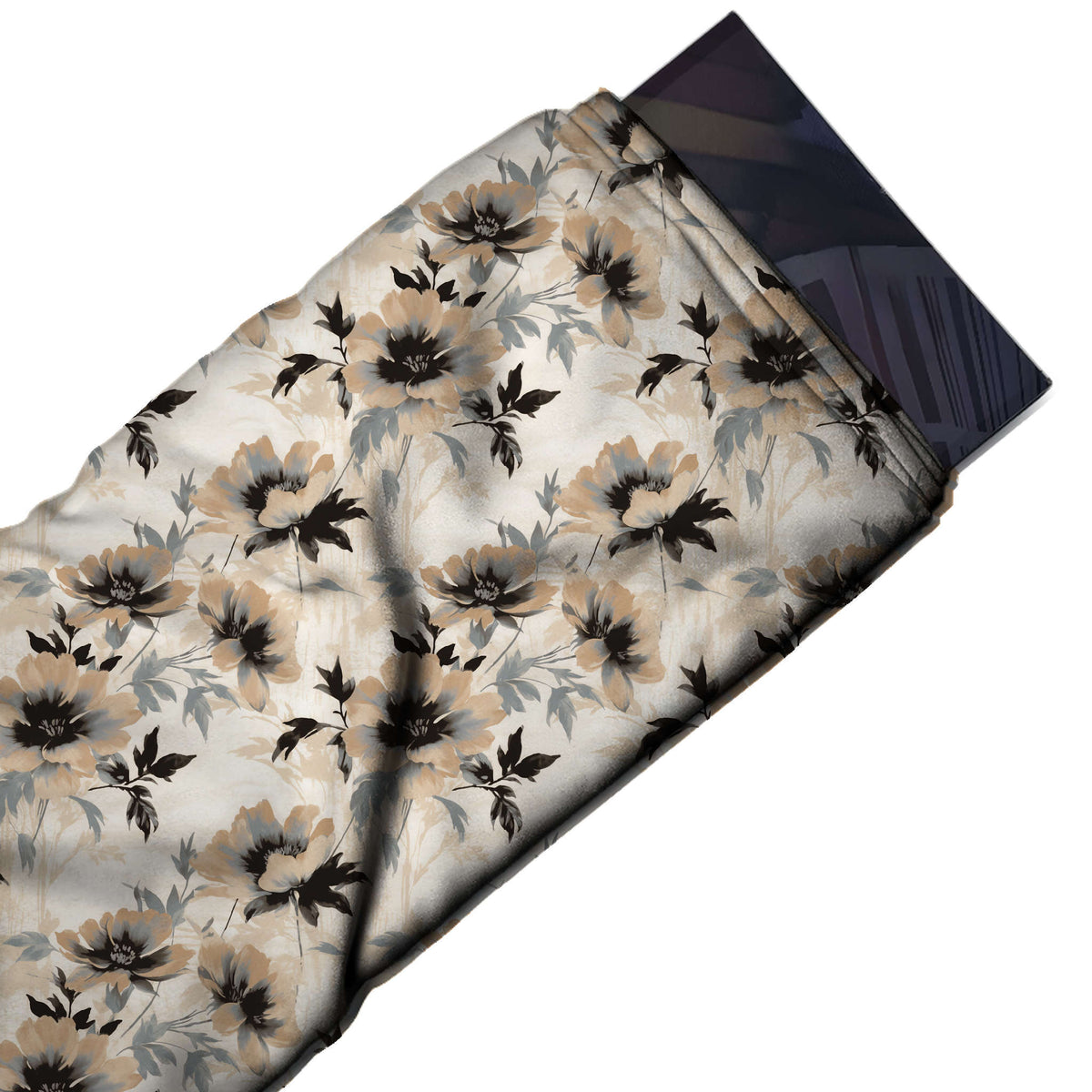 Flat fabric swatch: all-over medium-scale watercolour print of tan beige open flowers with, design Design No_4146, Clothwala
