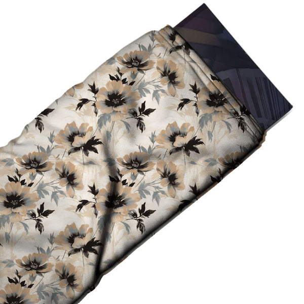 Ivory & Tan Beige Watercolour Poppies Printed French Crepe Fabric