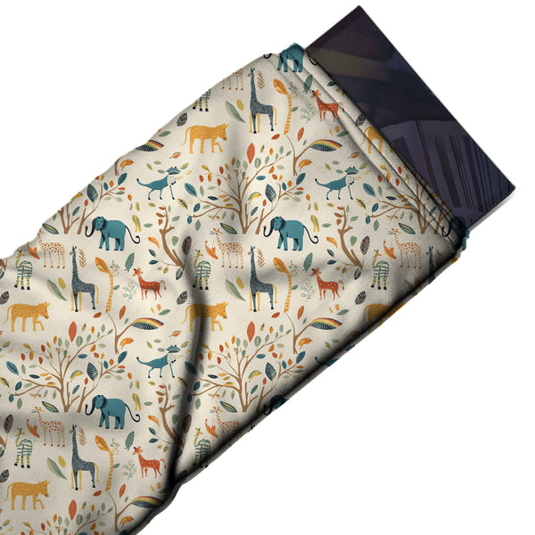 Ivory & Teal Blue Elephant & Tree Printed Moss Crepe Fabric