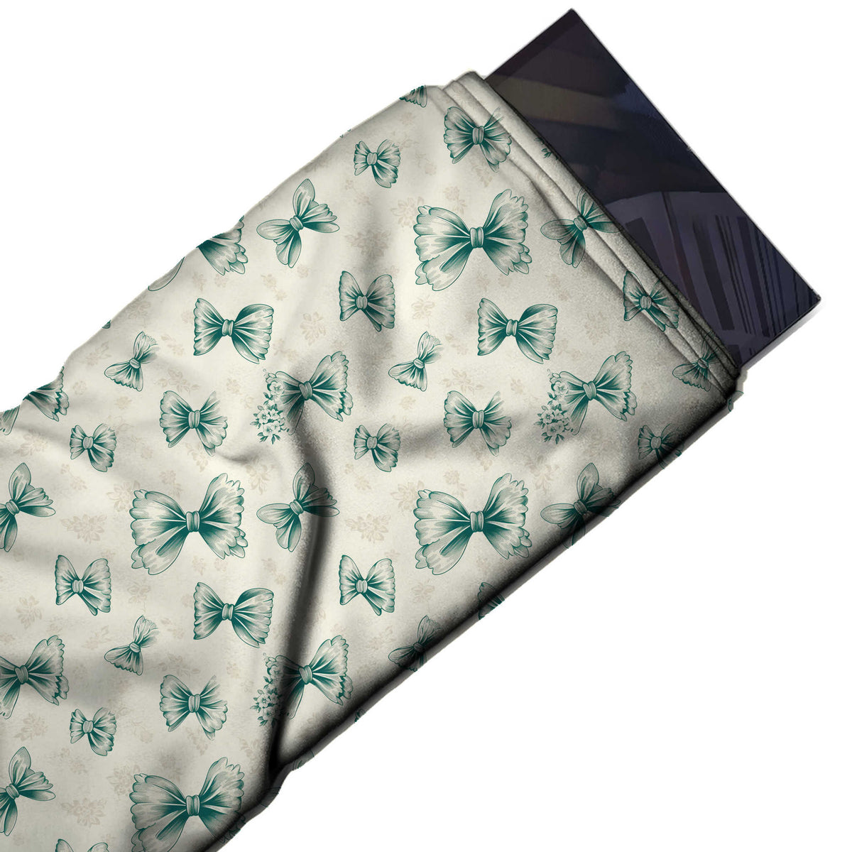 Flat fabric swatch: tossed layout of small to medium teal green bows with engraved line, design Design No_4443, Clothwala