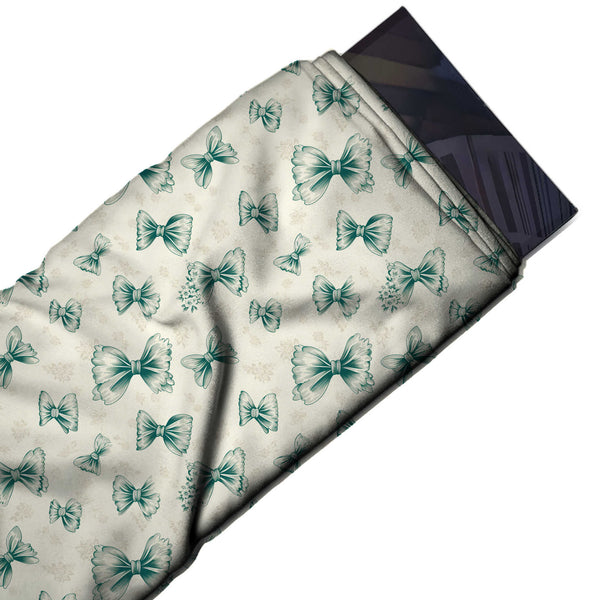 Ivory & Teal Green Engraved Tossed Bows Printed Pure Natural Crepe Fabric
