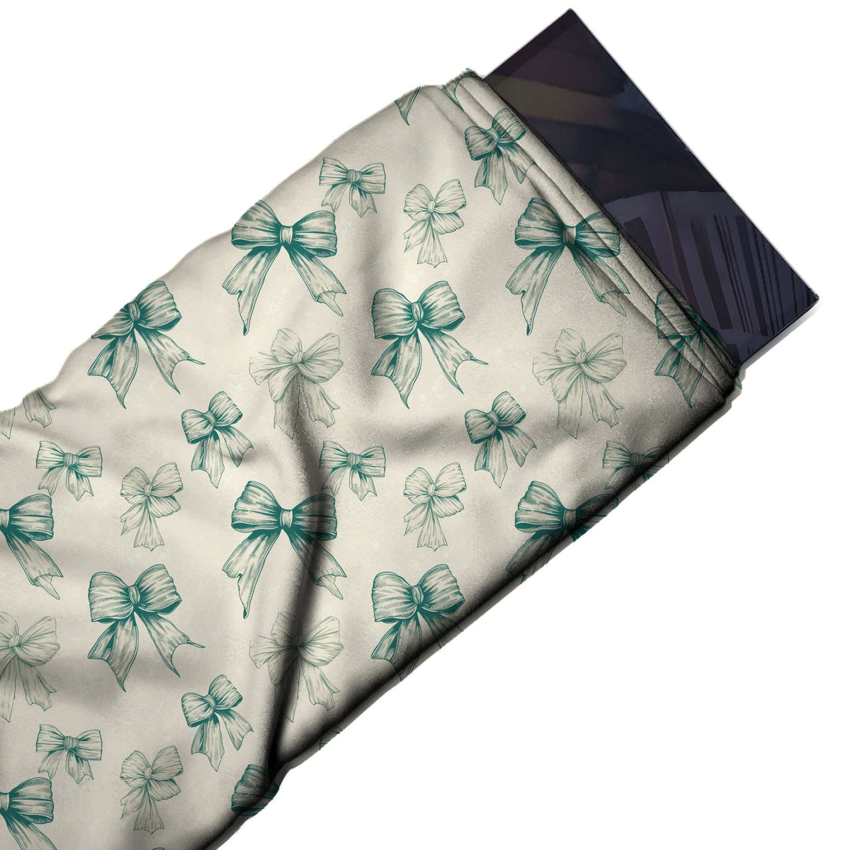 Flat fabric swatch: tonal all-over print of medium and small bows in etched teal green, design Design No_4435, Clothwala
