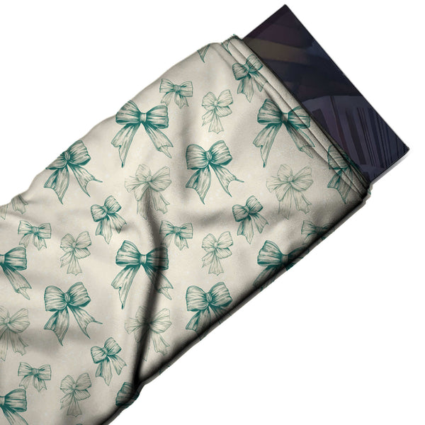 Ivory & Teal Green Etched Bows Printed Pure Natural Crepe Fabric