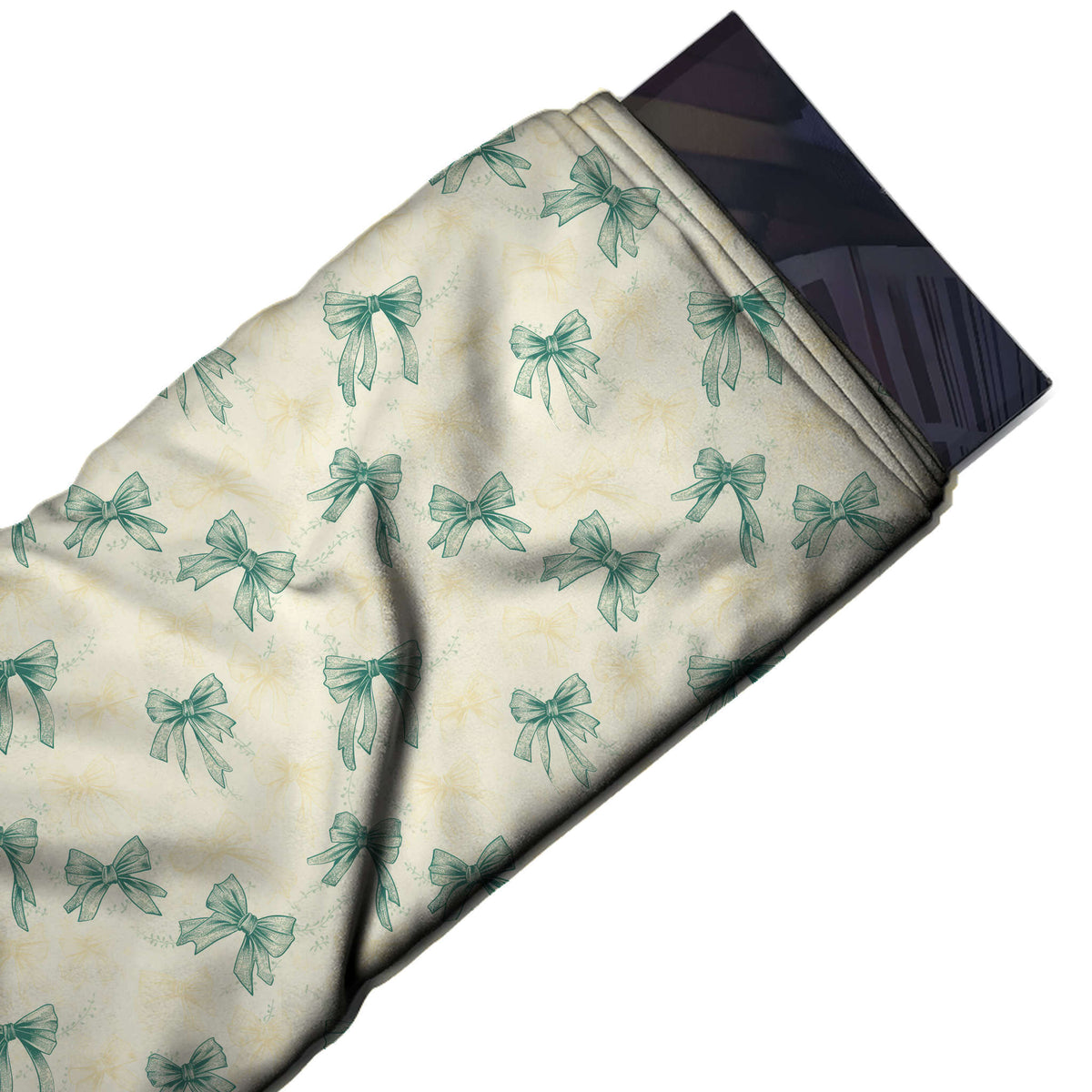 Flat fabric swatch: spaced layout of medium teal green bows with engraved hatch shading, design Design No_4452, Clothwala