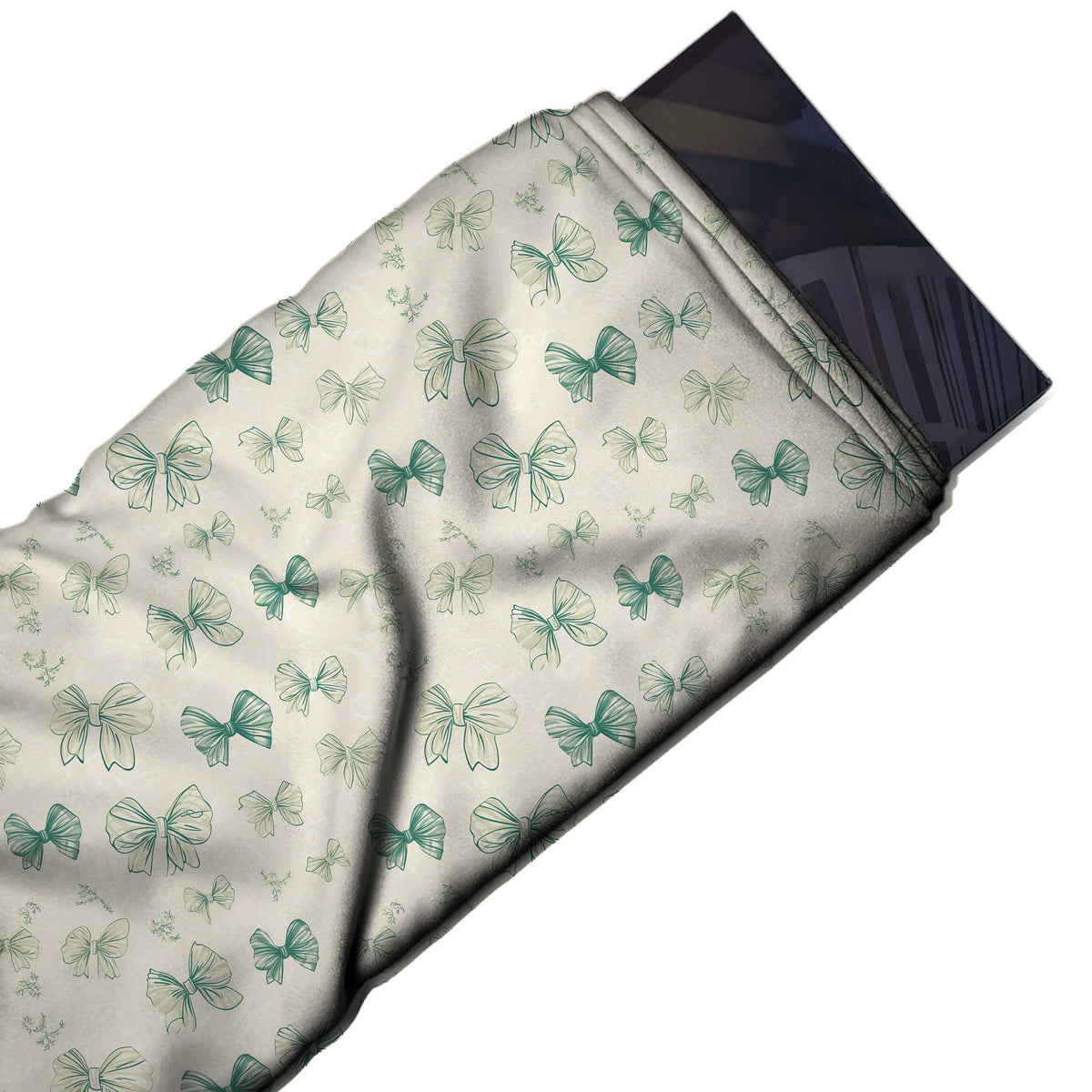 Flat fabric swatch: scattered layout mixing small solid teal green bows with larger pale, design Design No_4450, Clothwala