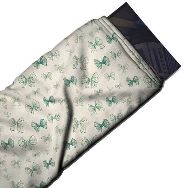 Ivory & Teal Green Outline & Filled Bows Printed Pure Natural Crepe Fabric