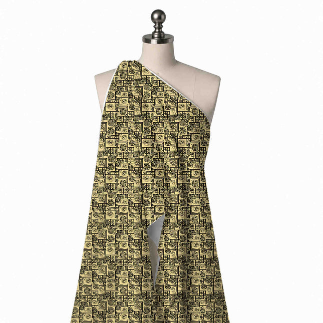 Draped on a mannequin: all-over two-colour lattice of thick black right-angled fret lines enclosing, design 3714, Clothwala