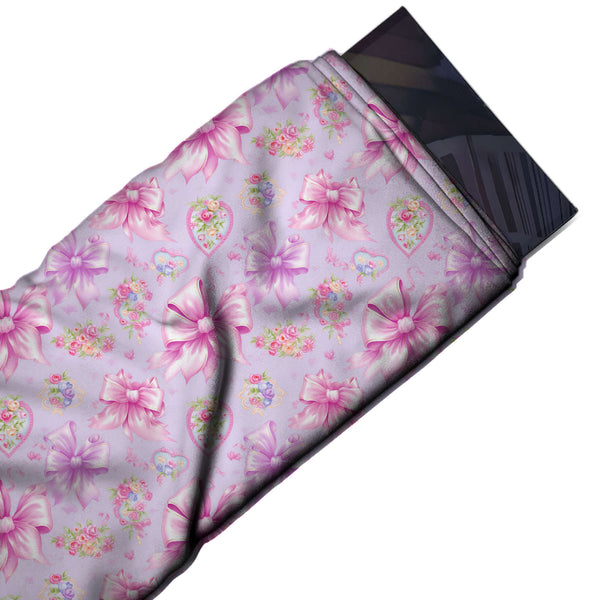 Lavender & Pink Bows & Rose Hearts Printed Pure Natural Crepe Fabric